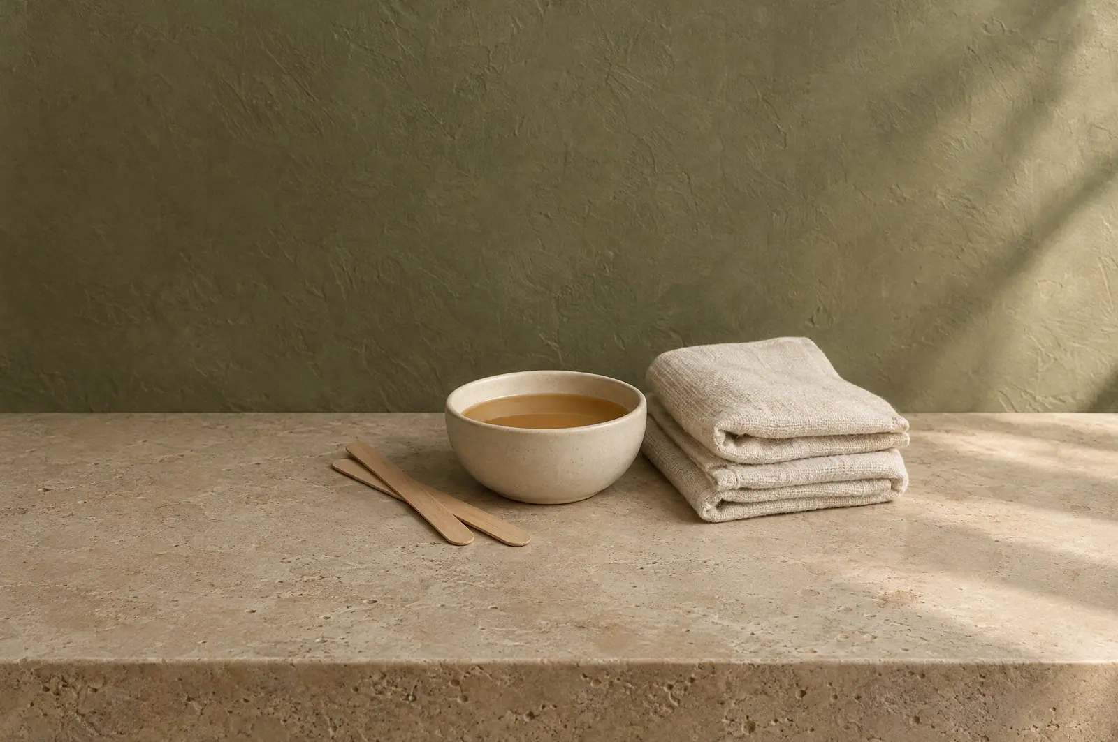 Conceptual campaign image: ceramic bowl of warm wax, wooden spatulas and folded linen on limestone
